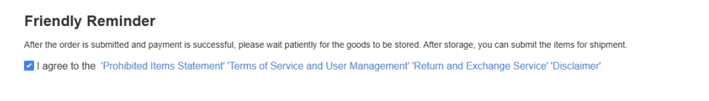 Official tutorial order reminder naming prohibited items, service terms, returns and disclaimer beside a checked box