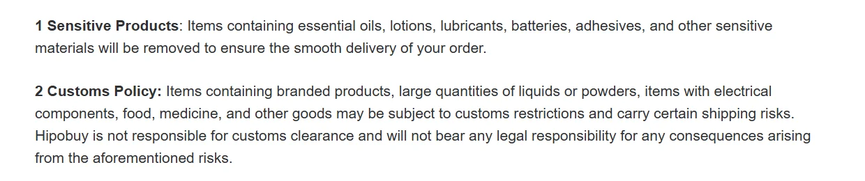 Screenshot of the first two items of Hipobuy's Disclaimer: sensitive products will be removed, and items such as branded products, liquids, powders, electrical items, food and medicine may face customs restrictions