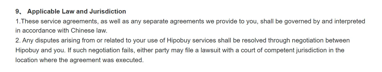 Screenshot of clause 9 in the help-centre copy of the Service Terms: governed by Chinese law, disputes to a court where the agreement was executed