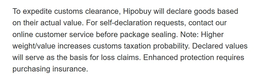 Screenshot of the declaration paragraph: Hipobuy declares goods at actual value, self-declaration requests go to customer service before sealing, declared values are the basis for loss claims, enhanced protection requires insurance