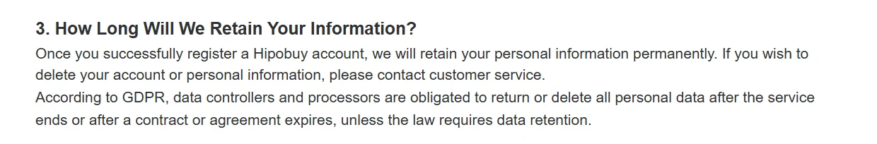 Screenshot of section 3 of the Privacy Statement: personal information is retained permanently after registration, with a following sentence on GDPR deletion duties