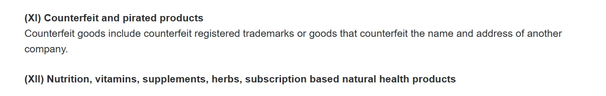 Screenshot of classes XI and XII of the Prohibited Product Description: counterfeit and pirated products, and nutrition, vitamins, supplements and herbs