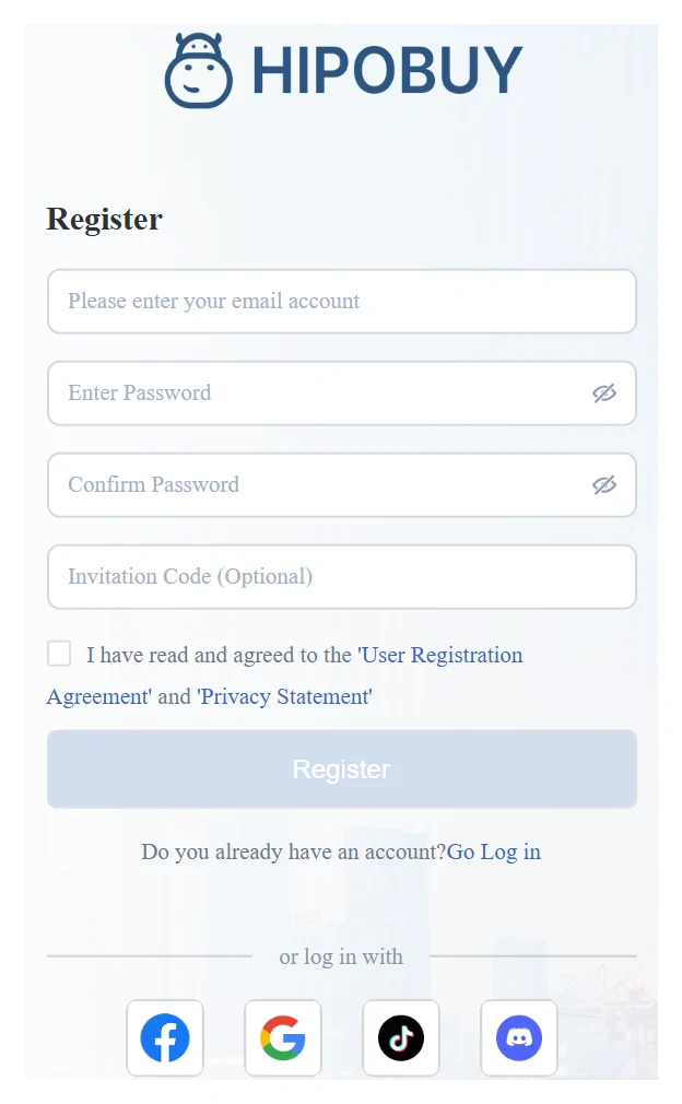 Screenshot of the Hipobuy register card: email, password, confirm password and invitation code fields, an unticked box reading I have read and agreed to the User Registration Agreement and Privacy Statement, a pale Register button and four social sign-in icons