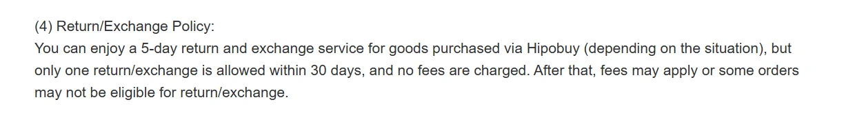 Screenshot of the Registration Agreement's return and exchange paragraph: a five-day service depending on the situation, but only one return or exchange within 30 days with no fees