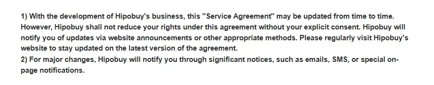 Screenshot of clause 4 of the Registration Agreement: the Service Agreement may be updated, Hipobuy shall not reduce your rights without explicit consent, major changes notified by email, SMS or on-page notices
