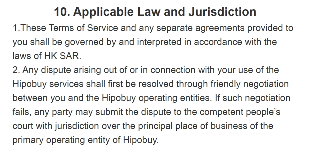 Screenshot of section 10 of the Service Terms: governed by the laws of HK SAR; disputes first by friendly negotiation, then to the competent people's court for the principal place of business of the primary operating entity