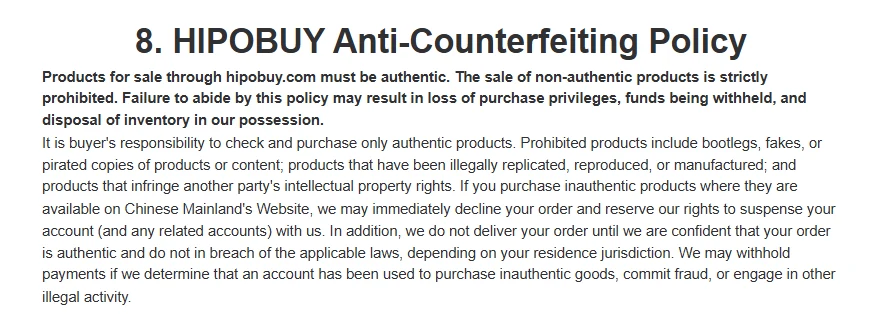 Screenshot of the start of section 8, HIPOBUY Anti-Counterfeiting Policy: products must be authentic, non-authentic products are strictly prohibited, the buyer must check authenticity, with consequences listed