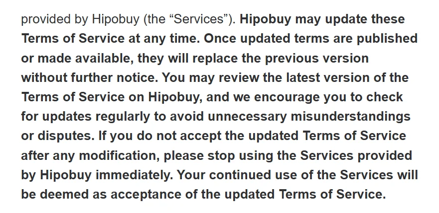 Screenshot of the opening of the Service Terms: Hipobuy may update the terms at any time, new terms replace the previous version without further notice, continued use is deemed acceptance