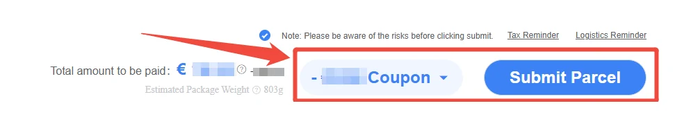 Screenshot strip from the Hipobuy parcel page: a ticked note reading Please be aware of the risks before clicking submit, links to Tax Reminder and Logistics Reminder, a coupon selector and a Submit Parcel button