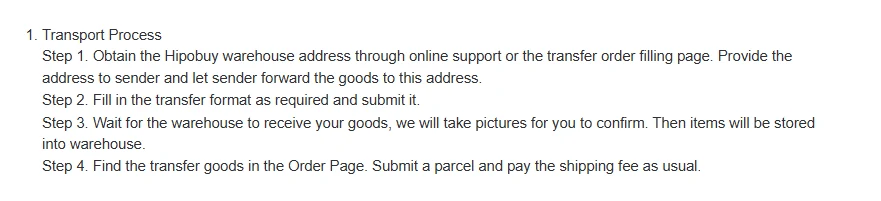 Screenshot of the forwarding Disclaimer's four steps: obtain the warehouse address, fill in the transfer order, wait for photos and storage, submit a parcel and pay shipping