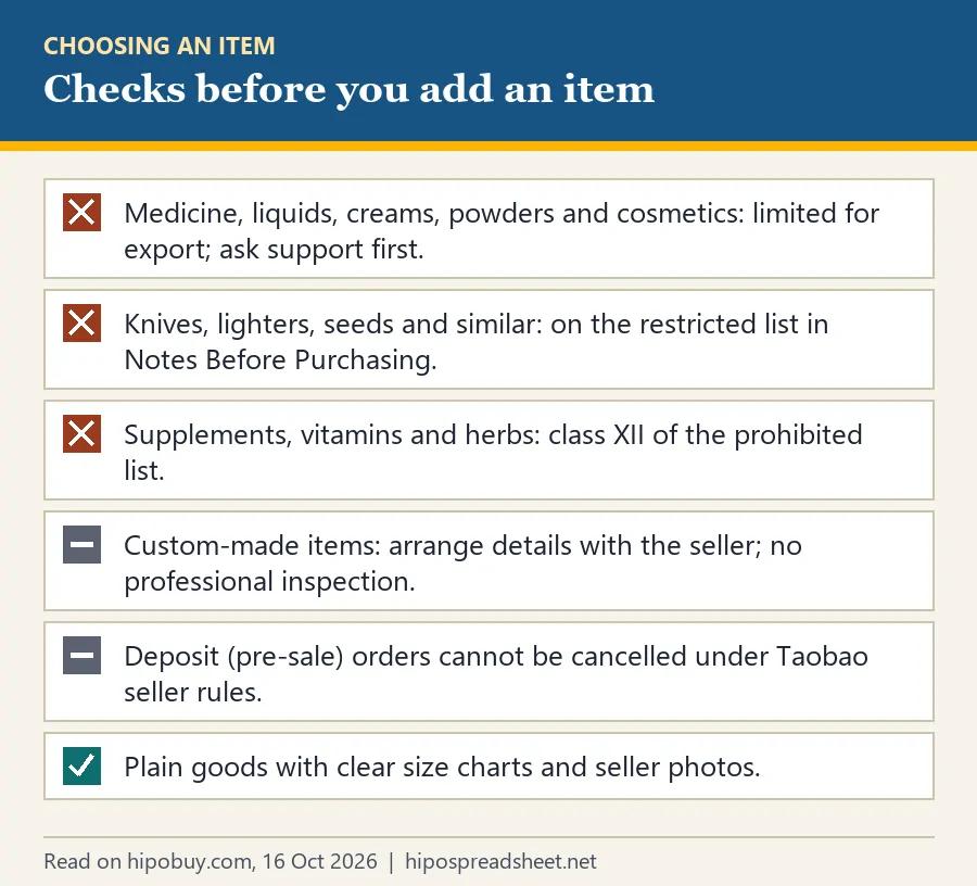 Checklist: crosses for limited liquids and cosmetics, restricted knives and lighters, prohibited supplements; dashes for custom-made and deposit orders; a tick for plain goods with clear size charts